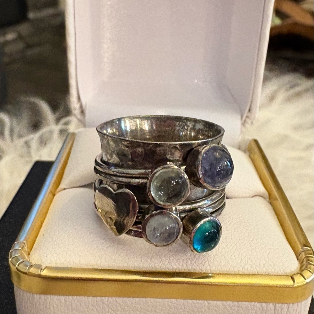 Silver Stacking Spinner Ring Set with Blue and Gray Stones